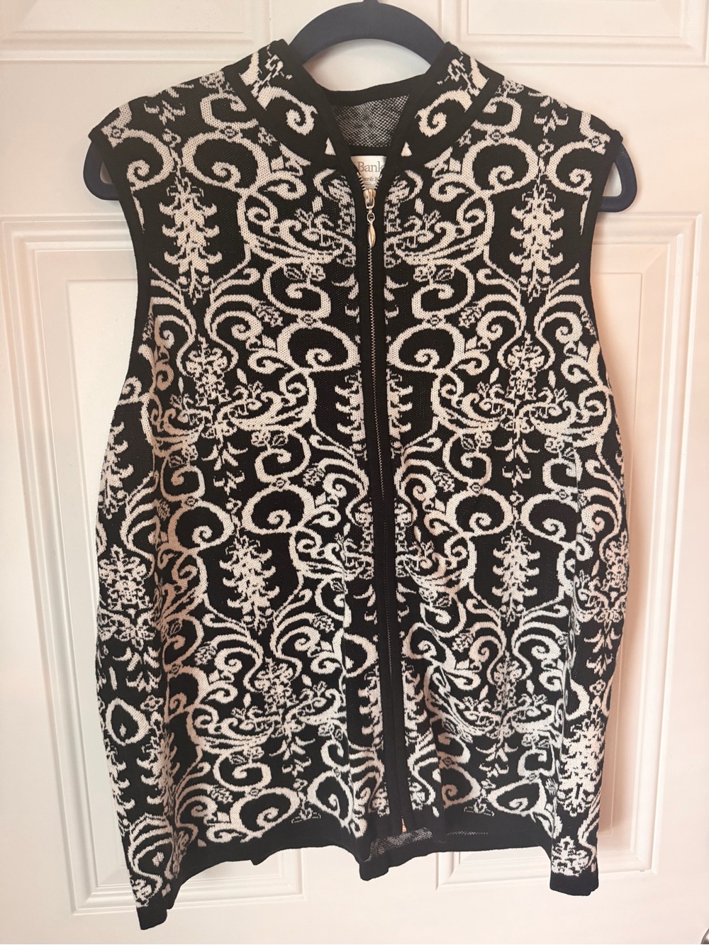 CJ Banks Black and White Zip-Front Knit Bomber Vest
